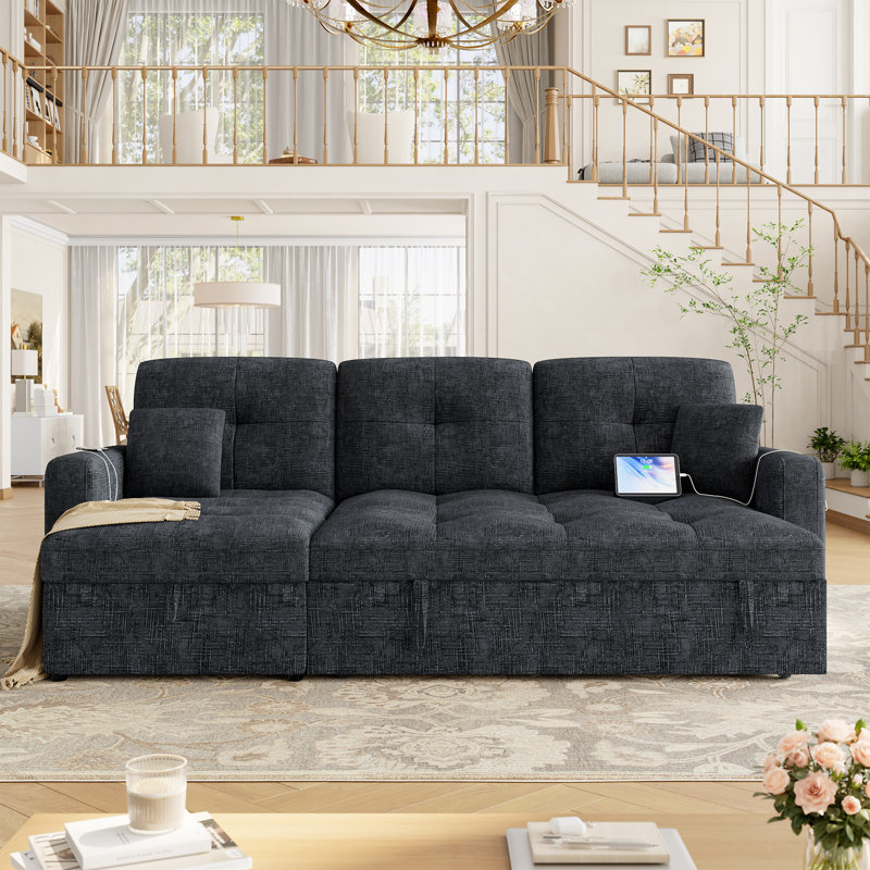 L-shaped Led Sectional Sofa With Adjustable Backrest And Charging Station, Living Room Large Pull Out Sofa Bed Sleeper With Storage Chaise