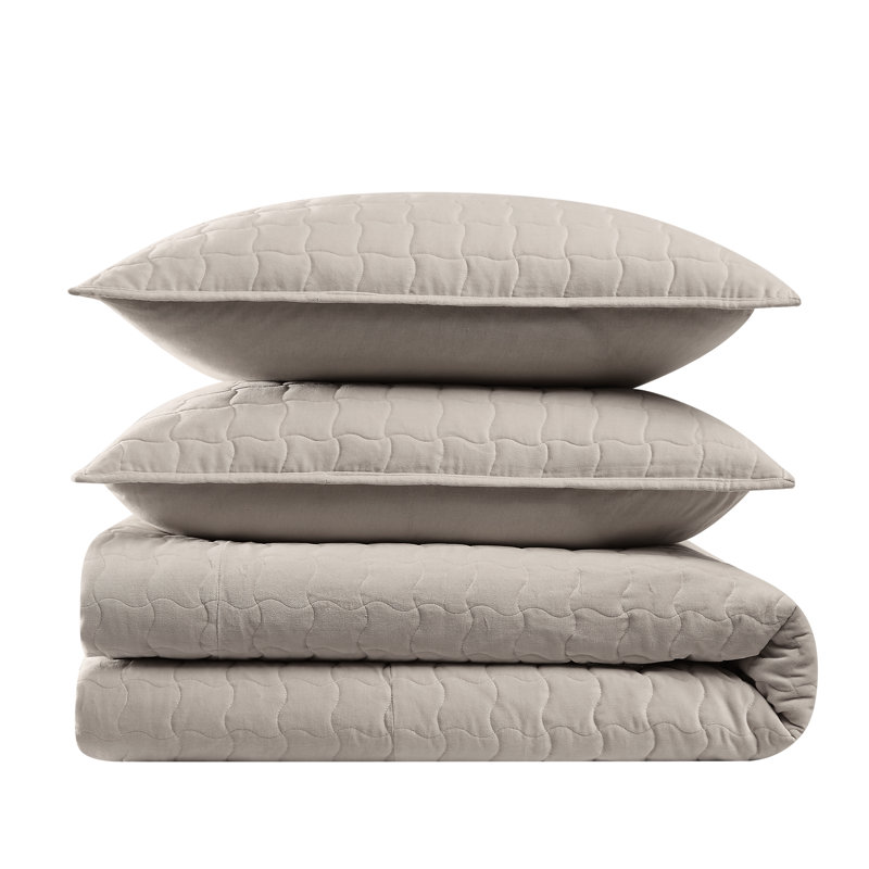 Brooklyn Loom Matte Cotton Velvet Wavy Square Stitch Quilt Set, Gray, Queen Quilt + 2 Queen Shams