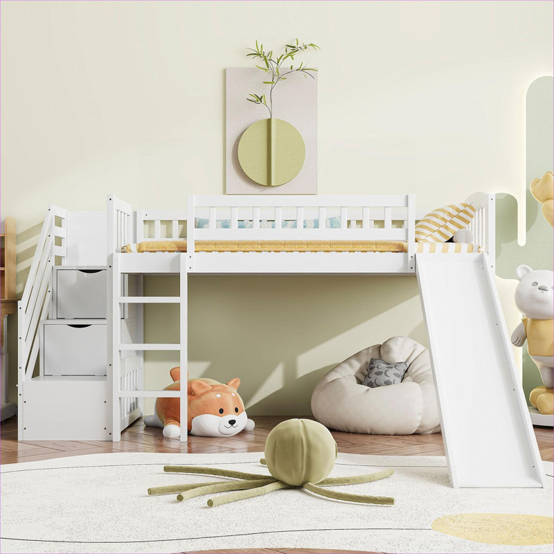 Lit plateforme simple à profil bas, lit simple en bois massif avec tiroirs et glissoire pour chambre d'enfant