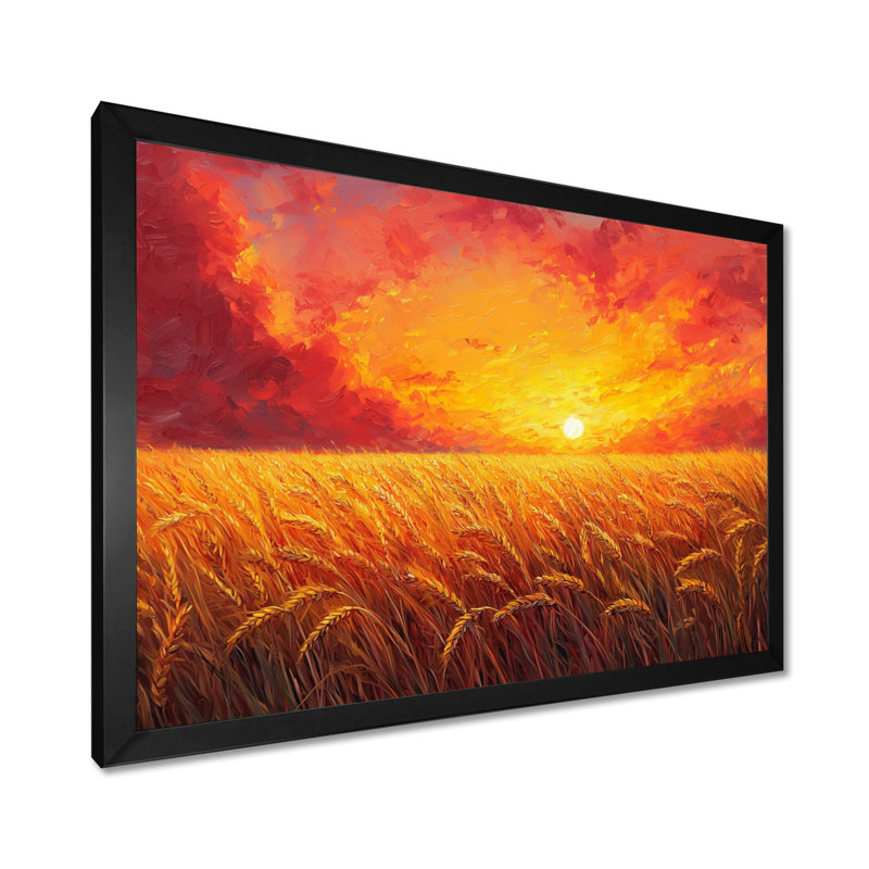Coucher de soleil sur le champ de blé III - campagne grand art mural, Cadre simple, Noir, H 12 po x l 20 po