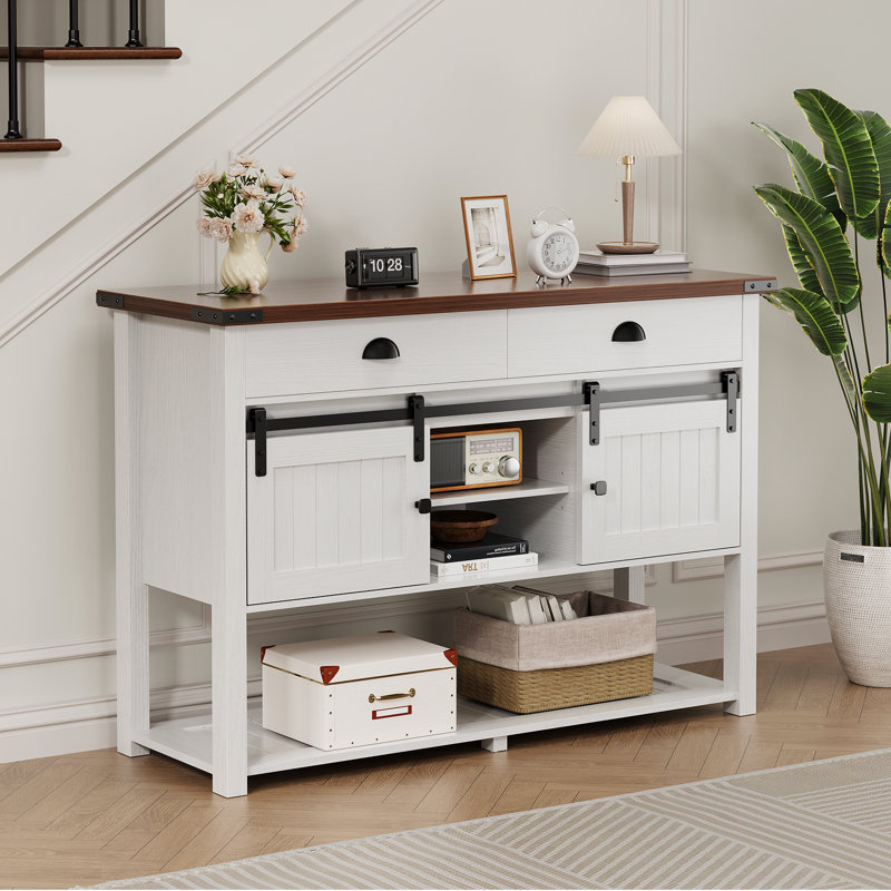 Farmhouse Console Table With Sliding Barn Doors & 2 Drawers,Rustic Entryway Table For Living Room, Hallway, Foyer,Sofa Table With Adjustable Shelf & Open Storage, Industrial Design