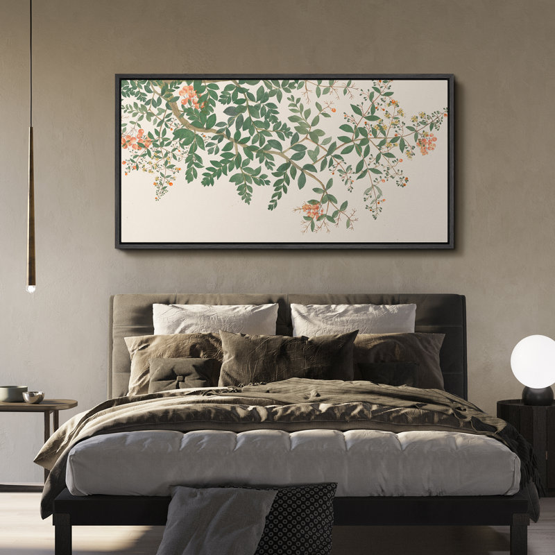 Aquarelle florale délicate, verdure et fleurs, H 30 po x l 60 po, Noir, noir, noir, noir