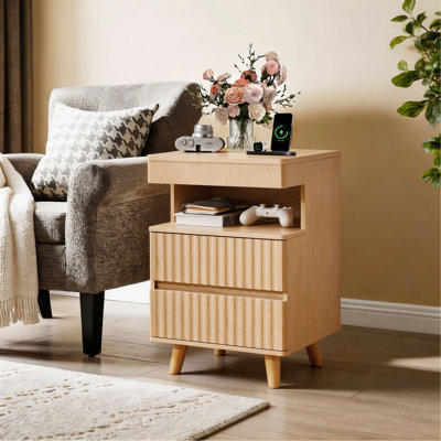 Modern Bedside Table with Gun Drawer,Bedside Table with Charging Station, 2 Drawers and Open Shelf,Side Table for Bedroom