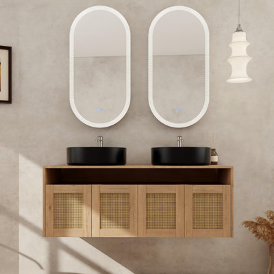 48" Wall-Mounted Bathroom Vanity In Imitative Oak With Dual Ceramic Art Sinks, Rattan-Style Doors & Soft-Close Storage, Modern Floating Design