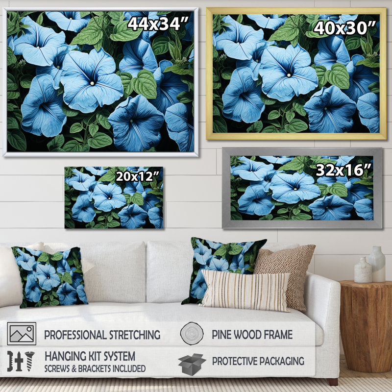 «Blue and White Morning Glory Garden Symphony 2 - Morning Glory», art mural, Cadre d'angle fermé doré