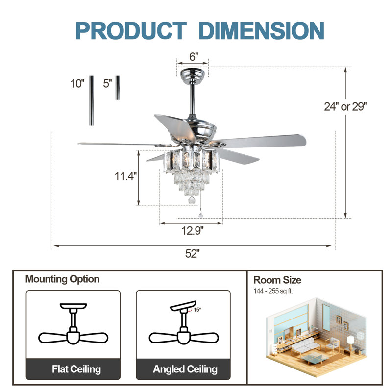 Ventilateur de plafond standard à 5 pales de 52 po avec télécommande et ensemble d'éclairage inclus Andella, Argent