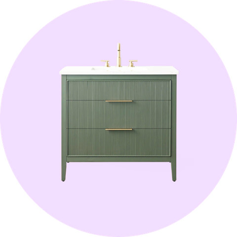 Sage green single bathroom vanity with fluted drawer fronts, a white marble countertop, and gold hardware against a light purple circular background.