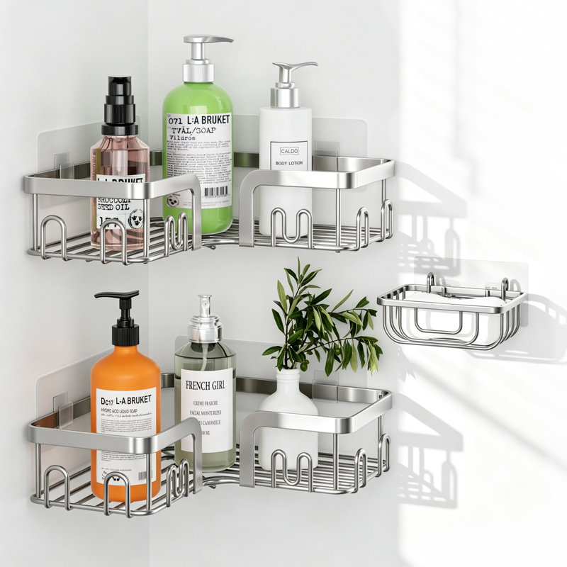 Serviteur de douche de coin adhésif en acier inoxydable, organisateur de douche antirouille avec porte-savon, argent, Argent