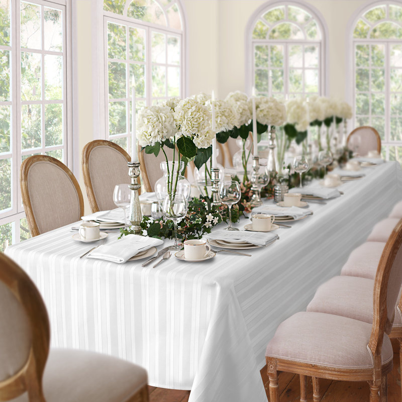 Robyn Striped Jacquard Polyester Square/Rectangle Tablecloth, 120" L x 60" W, White, Rectangular