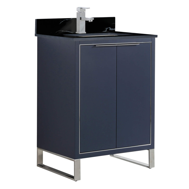 24'' Single Bathroom Vanity with Stone Top, Chrome, Navy Blue