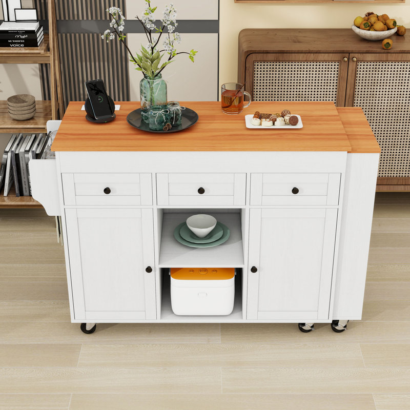 Îlot de cuisine avec table de salle à manger extensible, tablettes ouvertes, 3 tiroirs et prise de courant, Blanc