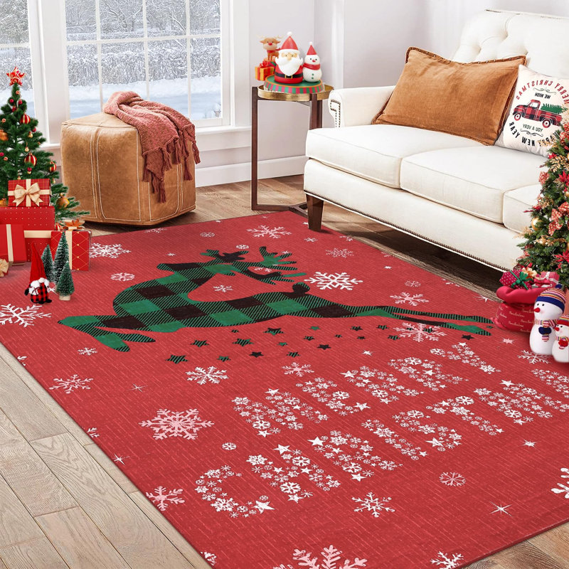 Christmas Rug Snow Reindeer Area Rugs for Living Room Washable Rug for Home Decor Non Slip Carpet Red 6*9Ft