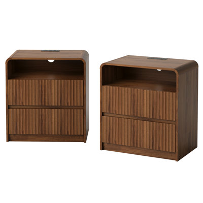 24" Fluted Nightstand with LED & Charging Station,2 Drawers, Wooden Bedside Table for Bedroom, Living Room