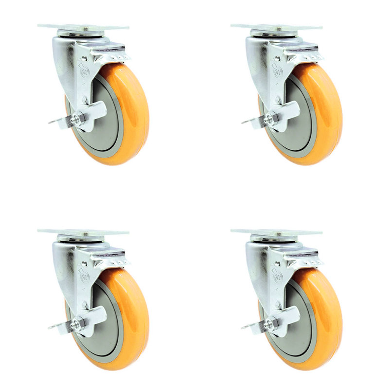 Ensemble de roulettes à plateau pivotant en polyuréthane 5 pouces avec frein SCC, Jaune