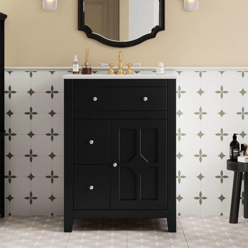 Meuble-lavabo de 61 cm avec lavabo en céramique, style campagne française, tiroirs, tablette réglable pour flacons de shampoing, charnières, intérieur