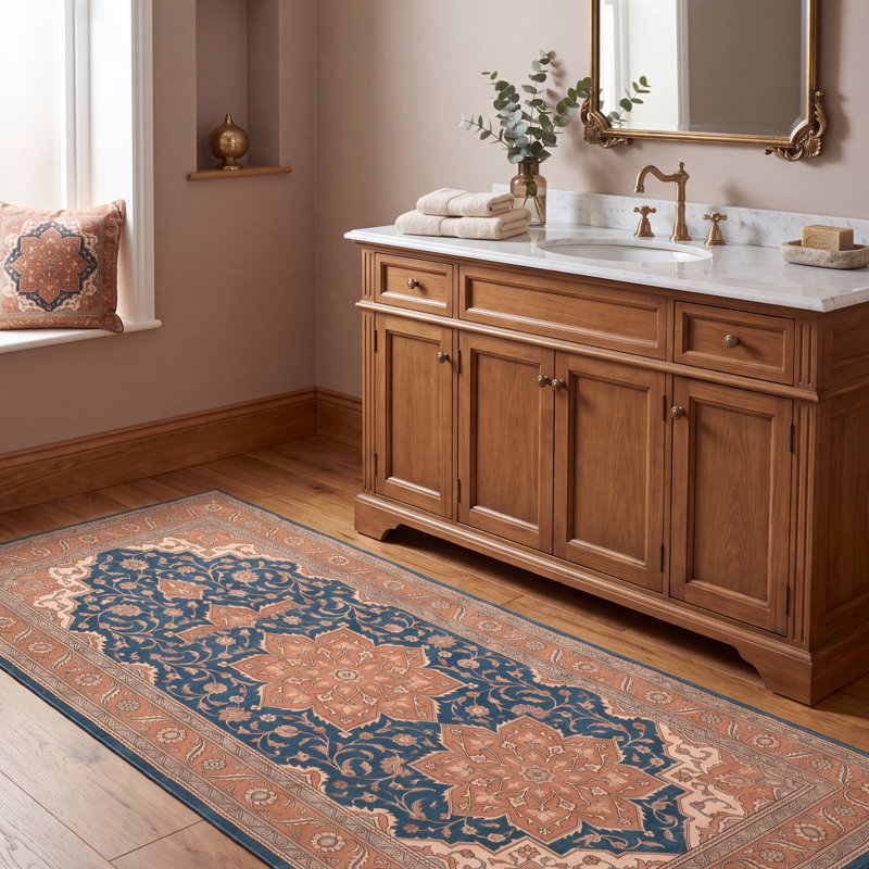 Tapis Willow2 traditionnel à médaillon, style persan, bleu sarcelle, or et crème, lavable à la machine, antidérapant, à poils courts, pour l'intérieur et l'extérieur, adapté aux animaux domestiques, idéal pour le salon, la chambre, la salle à manger, l'entrée, le couloir ou le bureau.