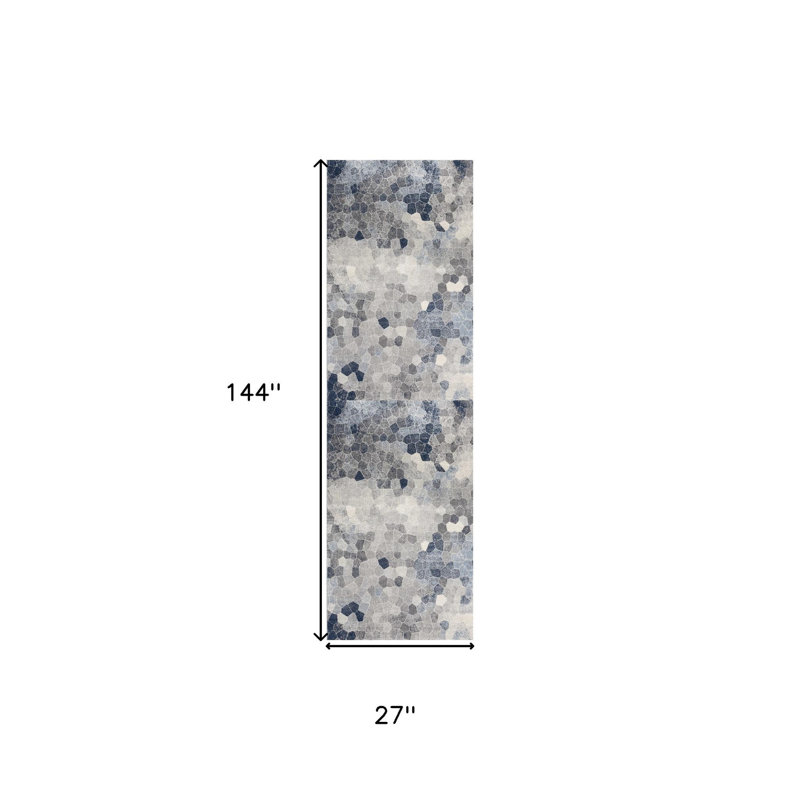 12' Blue And Beige Geometric Runner Rug