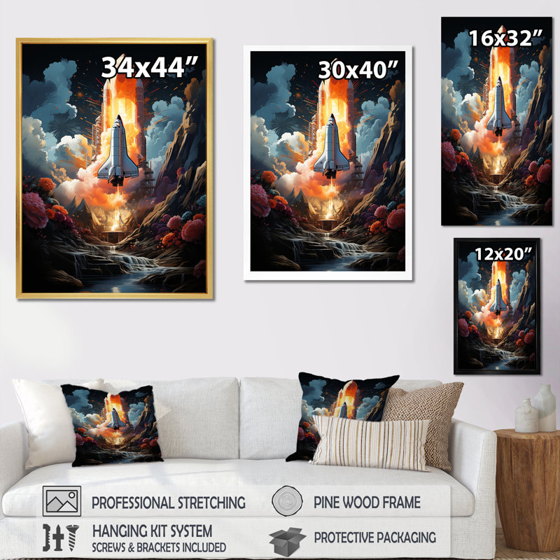 " Modern Space Shuttle Launch I ", 32"H x 24"W x 1"D, Gold Single Picture Framed