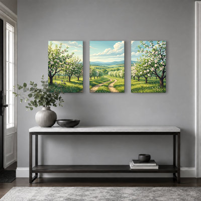 «Blossoming Trees long Winding Path in Green Valley», ensemble de 3 impressions sur toile
