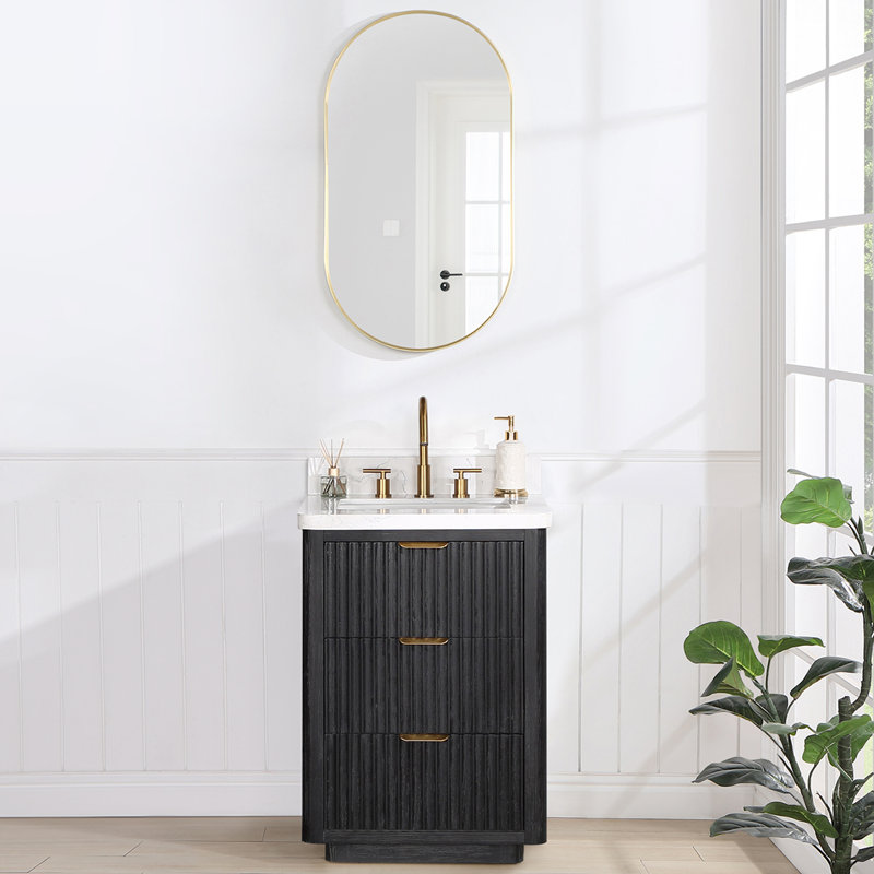 Ensemble de meuble-lavabo simple 24 "avec miroir, Noir, Blanc, Doré