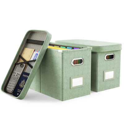 Hanging Filing File Box With Mesh Pocket, File Organizer Box With Lid, Collapsible Document Organizer Box For Letter Size, Easy Slide Durable Storage Box For Office/Decor/Home (2 PCS, Green)