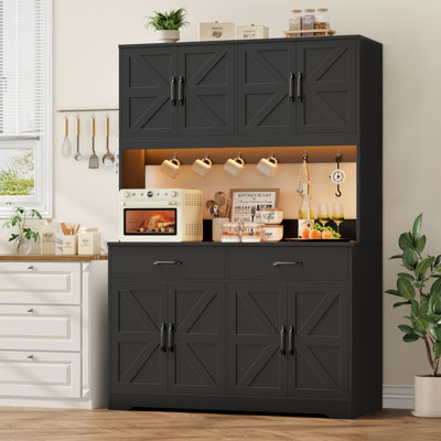71" Farmhouse Baker's Rack With Charging Station, LED Light, Microwave Shelf And Attached Hooks
