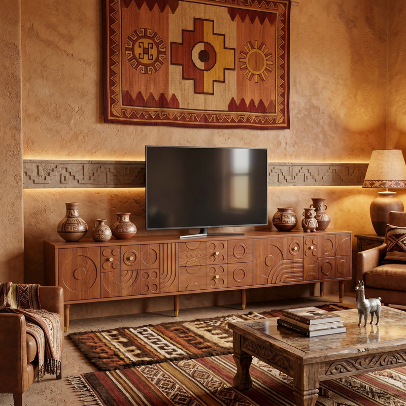 94.5" Retro Modern TV Stand Fits 100 Inch TVs, Geometric Carved Media Console with 4 Cabinets, Cable Management & Durable Veneer Entertainment Center for Living Room - Walnut
