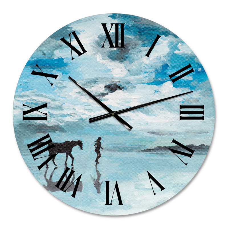 Paisible scène d'homme et de cheval qui court au bord de l'eau - Horloge murale de ferme, Petit