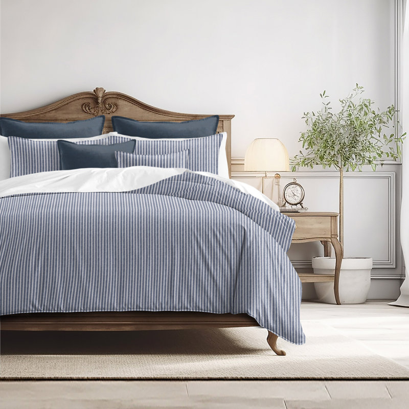 Walker Ticking Stripe Indigo/White Cotton Coverlet Set, California King Coverlet/Bedspread + 2 King Shams