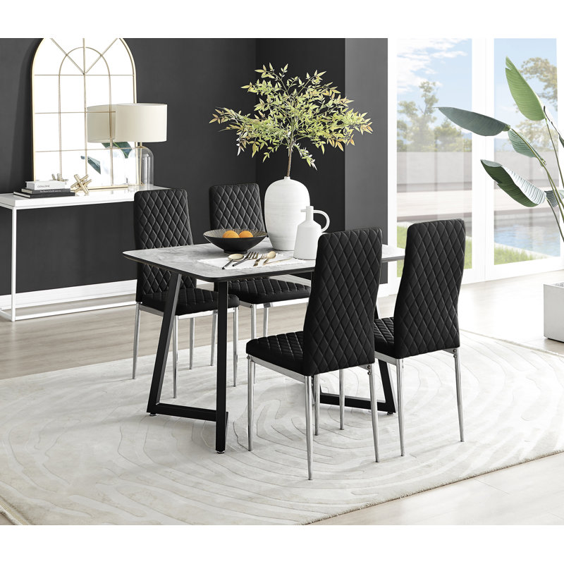 Benia White & Grey Marble Effect Dining Table Set with x4 Luxury Velvet Upholstered Dining Chairs, Black/Silver