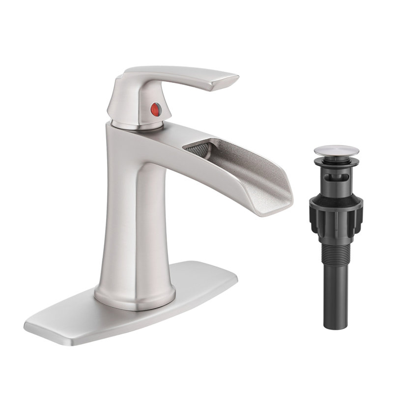 Robinet pour salle de bain en nickel brossé avec bonde escamotable et plaque de pont - Robinet pour salle de bain à poignée simple