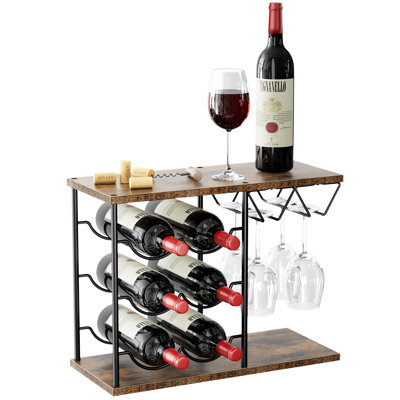 Metal Countertop Wine Rack - Holds 6 Bottles Of Wine And 4 Wine Glasses, Brown by Latitude Run