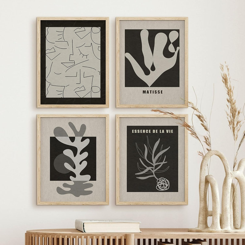 «Mid-Century Plants Nature» noir et blanc, impression encadrée sur papier, 4 pièces, Naturel, H 10 po x l 8 po