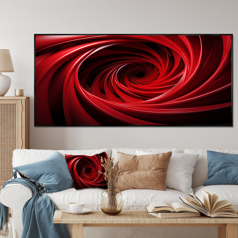 «Red and Black Abstract Spiral Dreamscape» - Art mural spirales abstraites, H 28 po x l 60 po x P 1,5 po, Cadre flottant noir