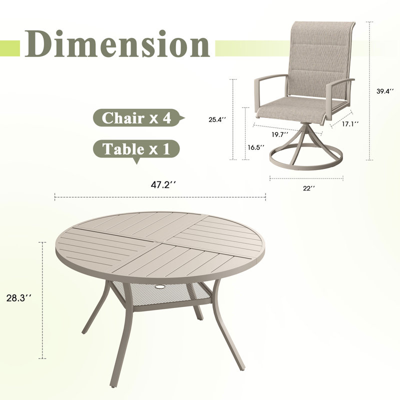 Ensemble de salle à manger de patio rond pour 4 personnes avec chaises de patio rembourrées pivotantes à 360 ° Textilene