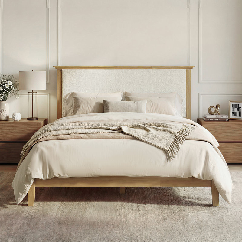 Eirene Farmhouse Solid Wood Platform Bed With Boucle Upholstered Headboard, Queen, Natural