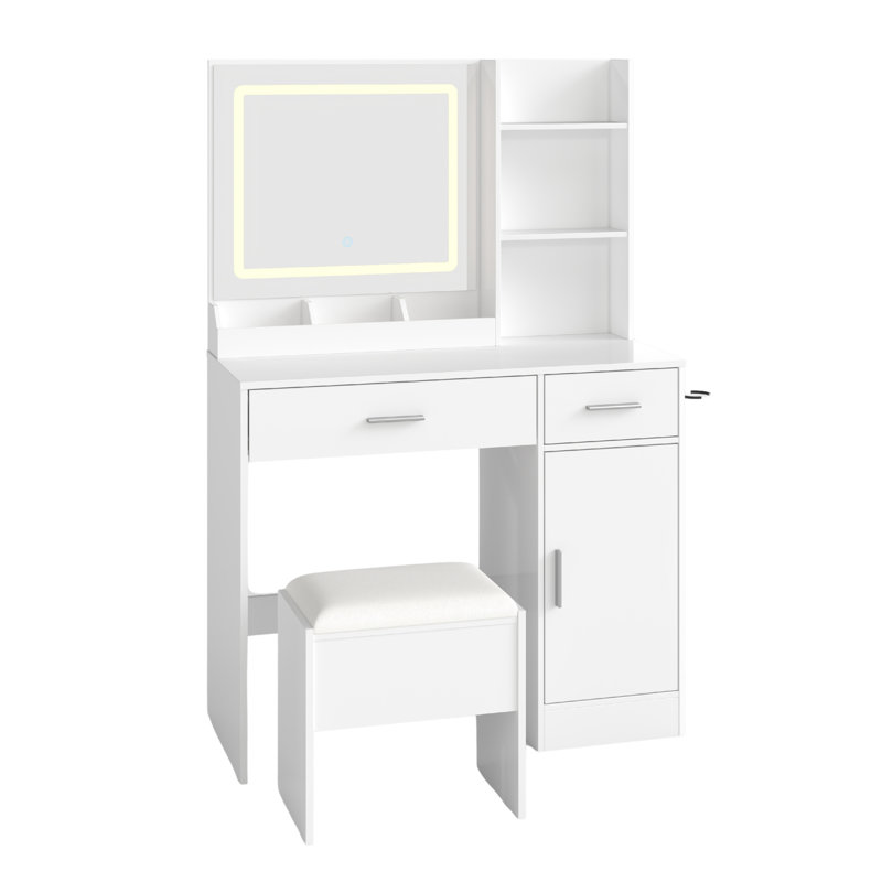 Ensemble de coiffeuse, bureau de coiffeuse avec tabouret, miroir lumineux à DEL et station de charge Lavin, Blanc