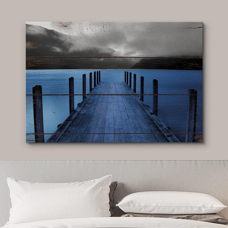 Soirée sur la jetée de plage en noir et gris, Toile tendue, H 24 po x l 36 po x P 1,5 po