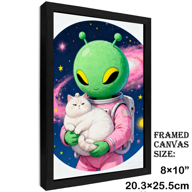«Alien» encadré noir tenant un joli chat blanc dans l'espace, impressions sur toile de style rétro, H 11 po x l 9 po