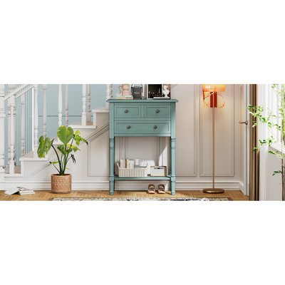 Console étroite, canapé mince avec trois tiroirs de rangement et tablette inférieure (bleu clair)