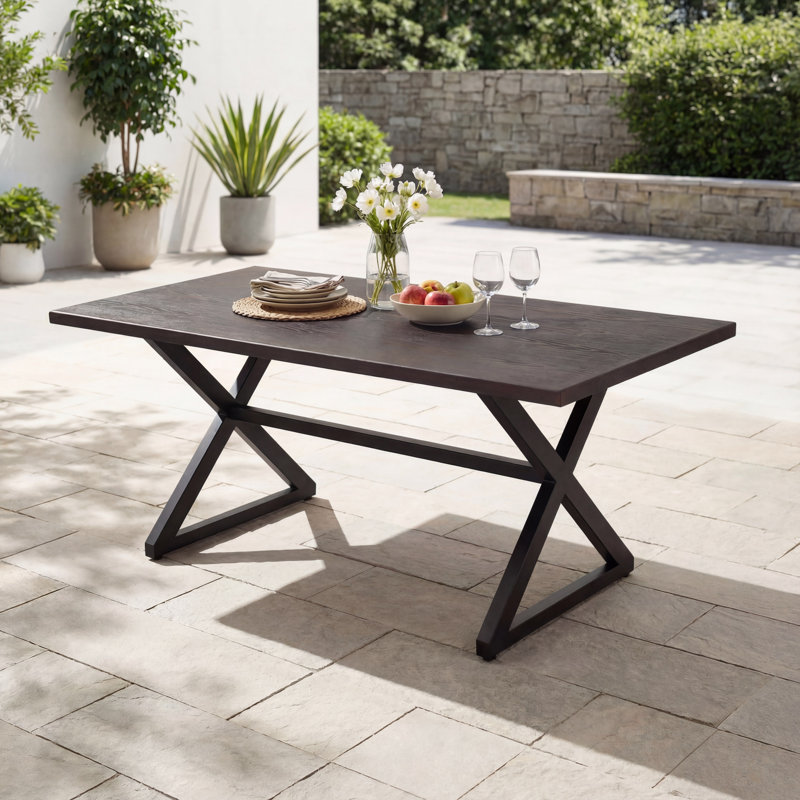 Table de salle à manger d'extérieur 70,5 pouces, plateau en aluminium avec structure en acier, brun, Brun