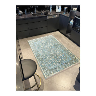 Blue Traditional Motif Ethnic Floral Fringed Vintage Decorative Washable Rug
