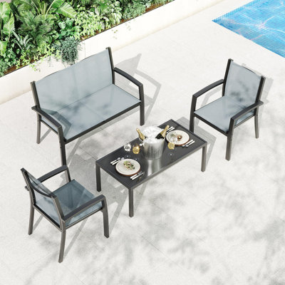 Ensemble bistro de patio 4 pièces - Mobilier d'extérieur moderne en métal avec causeuse, 2 chaises simples et une table basse - Sièges en textilene respirants - convient au patio, au porche, au balcon, à la cour, au bord de la piscine, au gris
