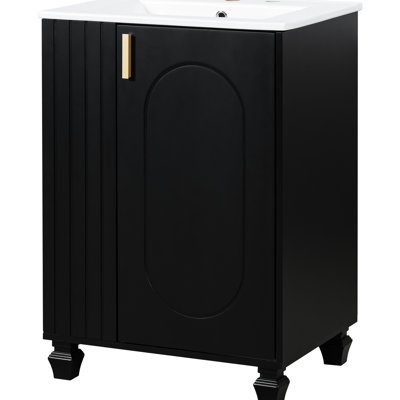 Meuble-lavabo 24 po avec finition noire, lavabo en céramique, rangement multifonctionnel et porte à fermeture en douceur 24 po, pieds en pin faciles à nettoyer, compartiments de planches