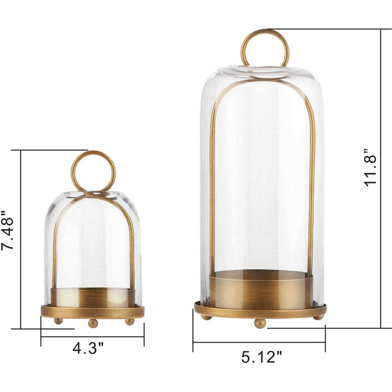 Ensemble de 2 bougeoirs en métal laiton avec dômes en verre 