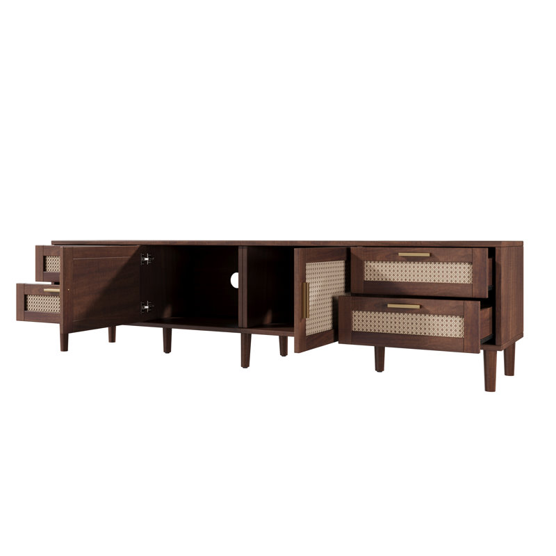 Meuble télé 78 pouces brun foncé pour téléviseur de 85 po ou moins, console en bois massif et panneau de fibres à densité moyenne avec portes en rotin