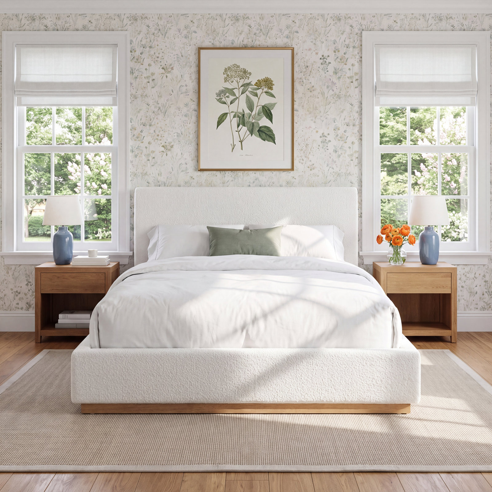 Drago Upholstered Platform Bed, Cream Boucle, Queen