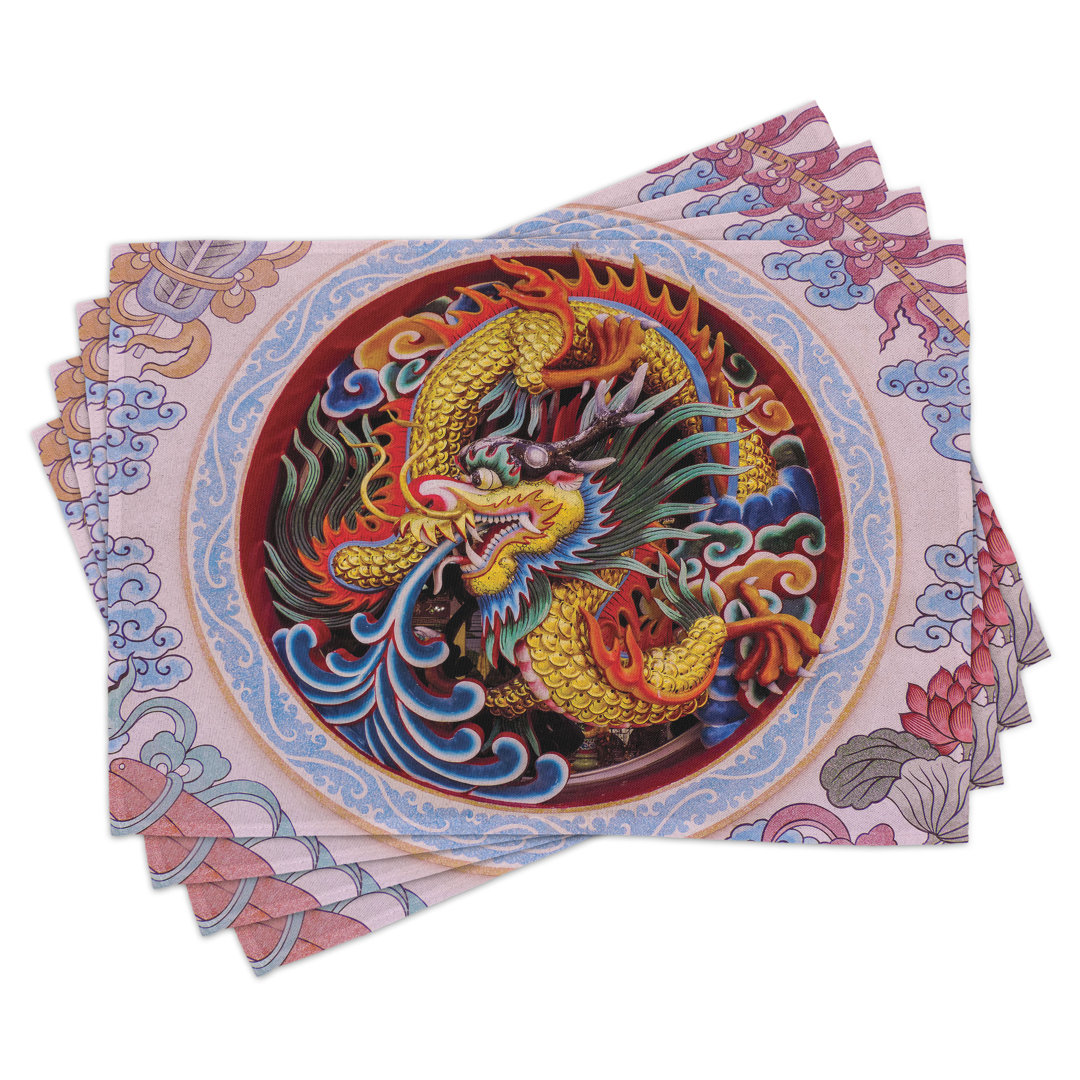 Platzdeckchen 4er Set, Chinesischer Drache Mythisch, Gelb Blau