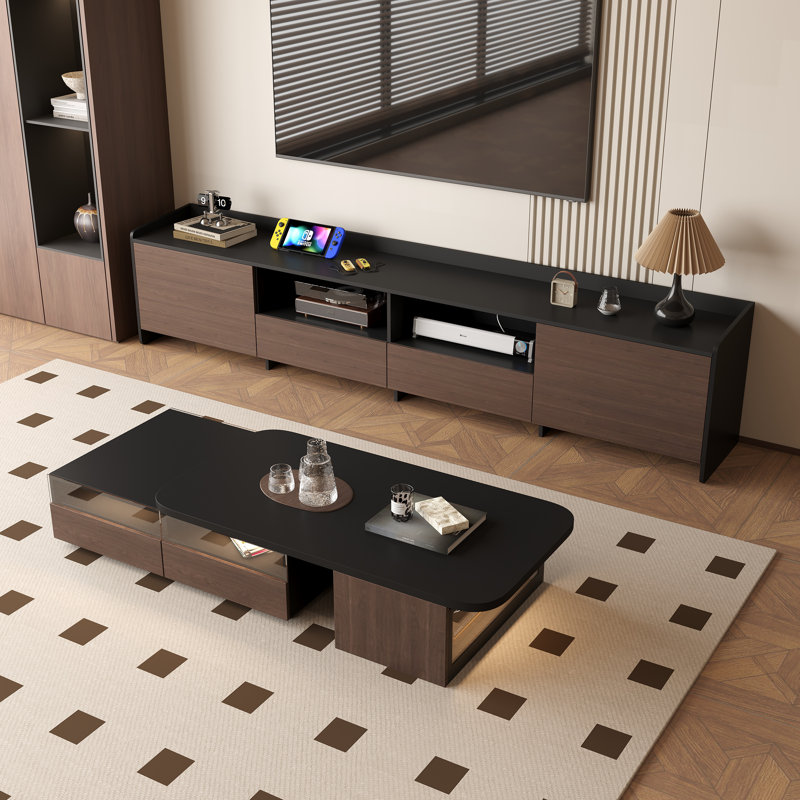 Tv Stand For Tvs Up To 85'', Living Room Cabinet Set Includes Tv Stand And Extendable Coffe Table With Storage Drawers And Cabinet