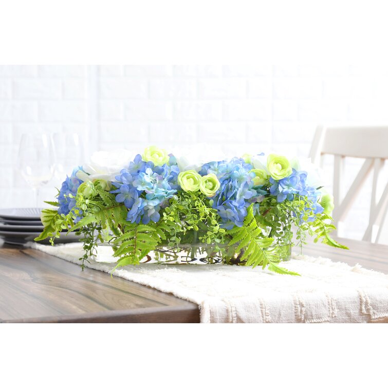 Real Touch Blue Hydrangea Arrangement in Glass Vase, French